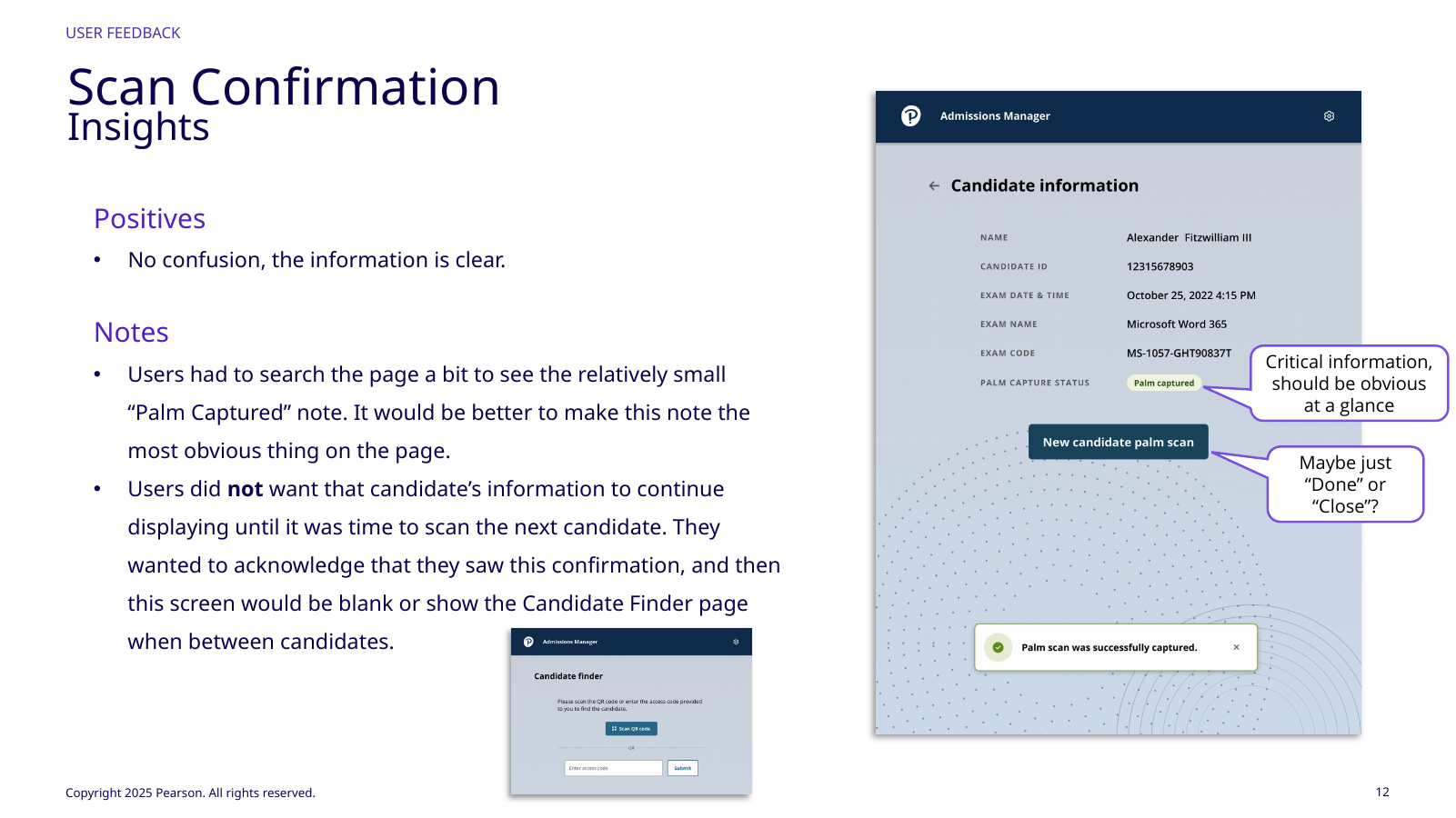 Palm ID scan confirmation findings