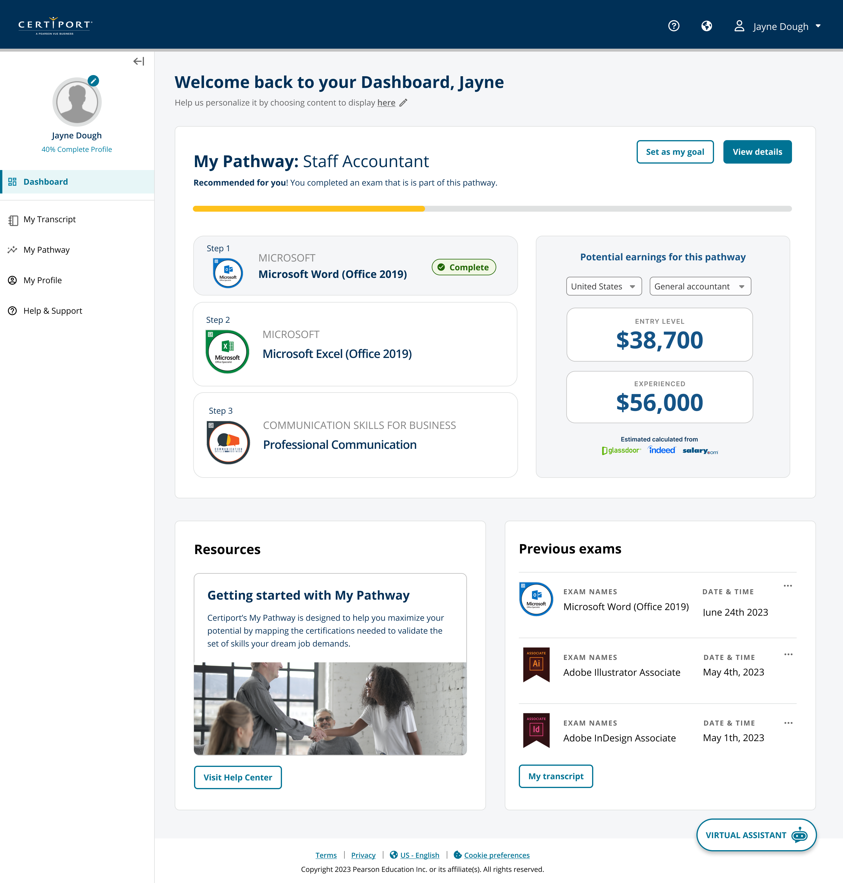 Certiport candidate dashboard