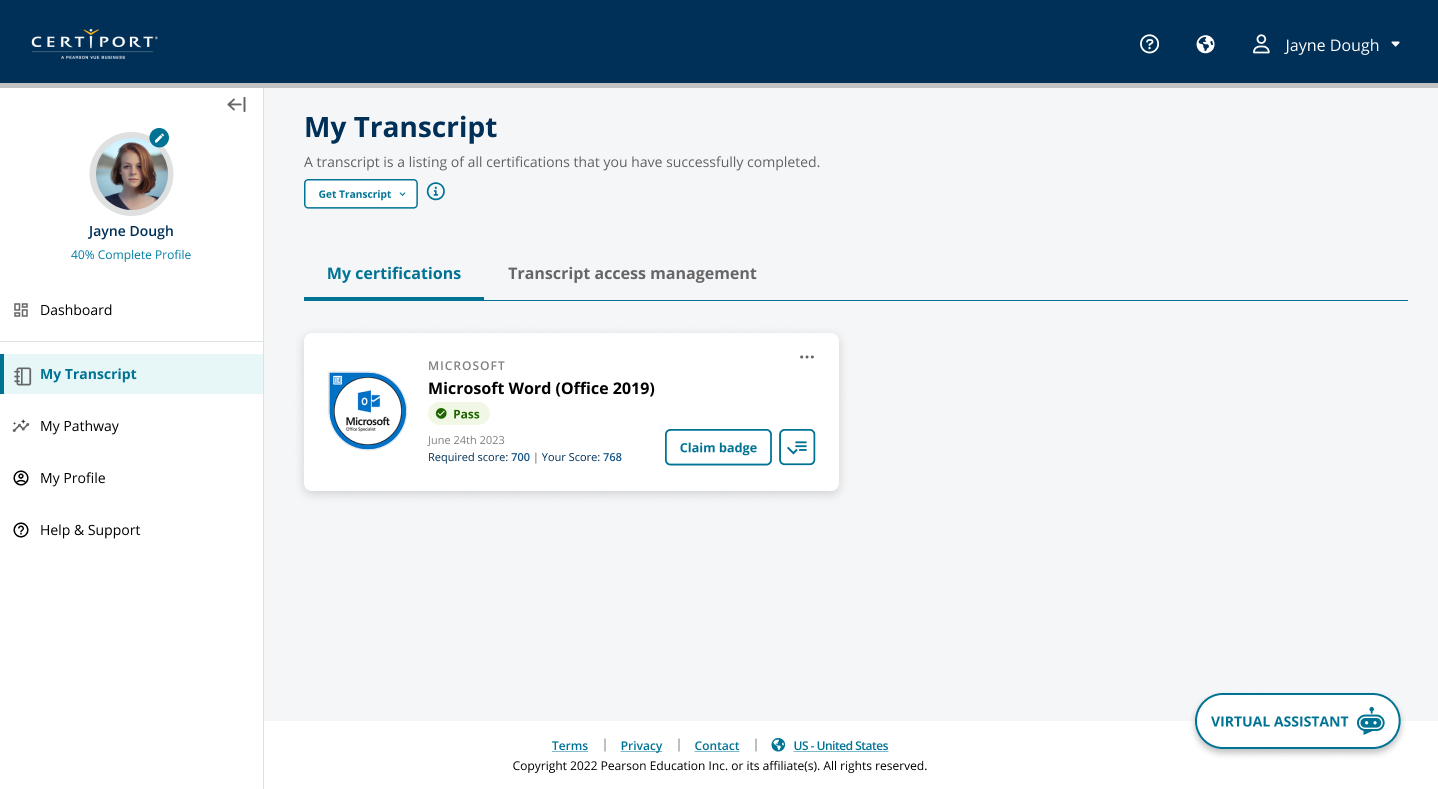 Certiport transcript