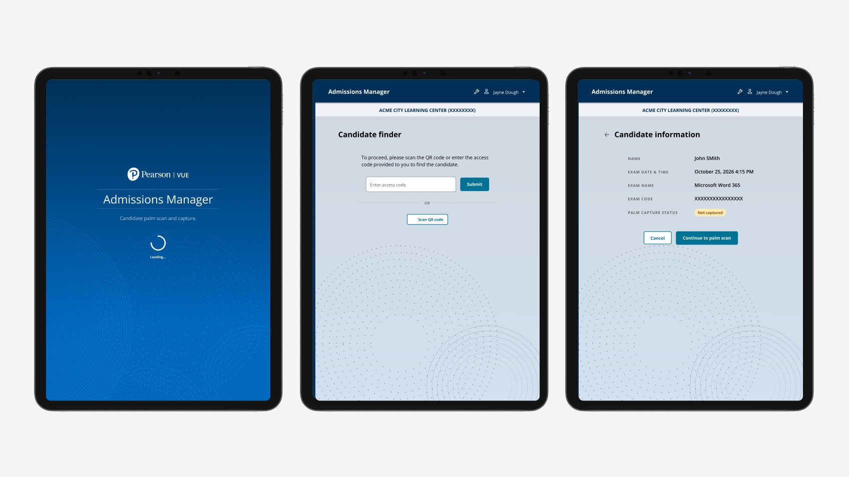 Biometric tablet workflow across key screens