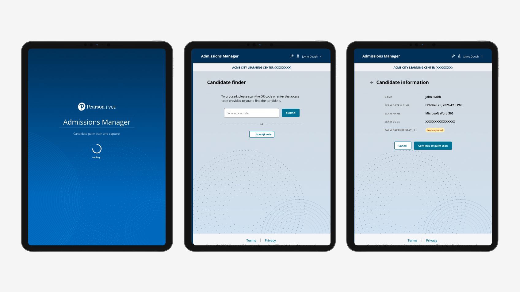 Admissions Manager tablet workflow screens.