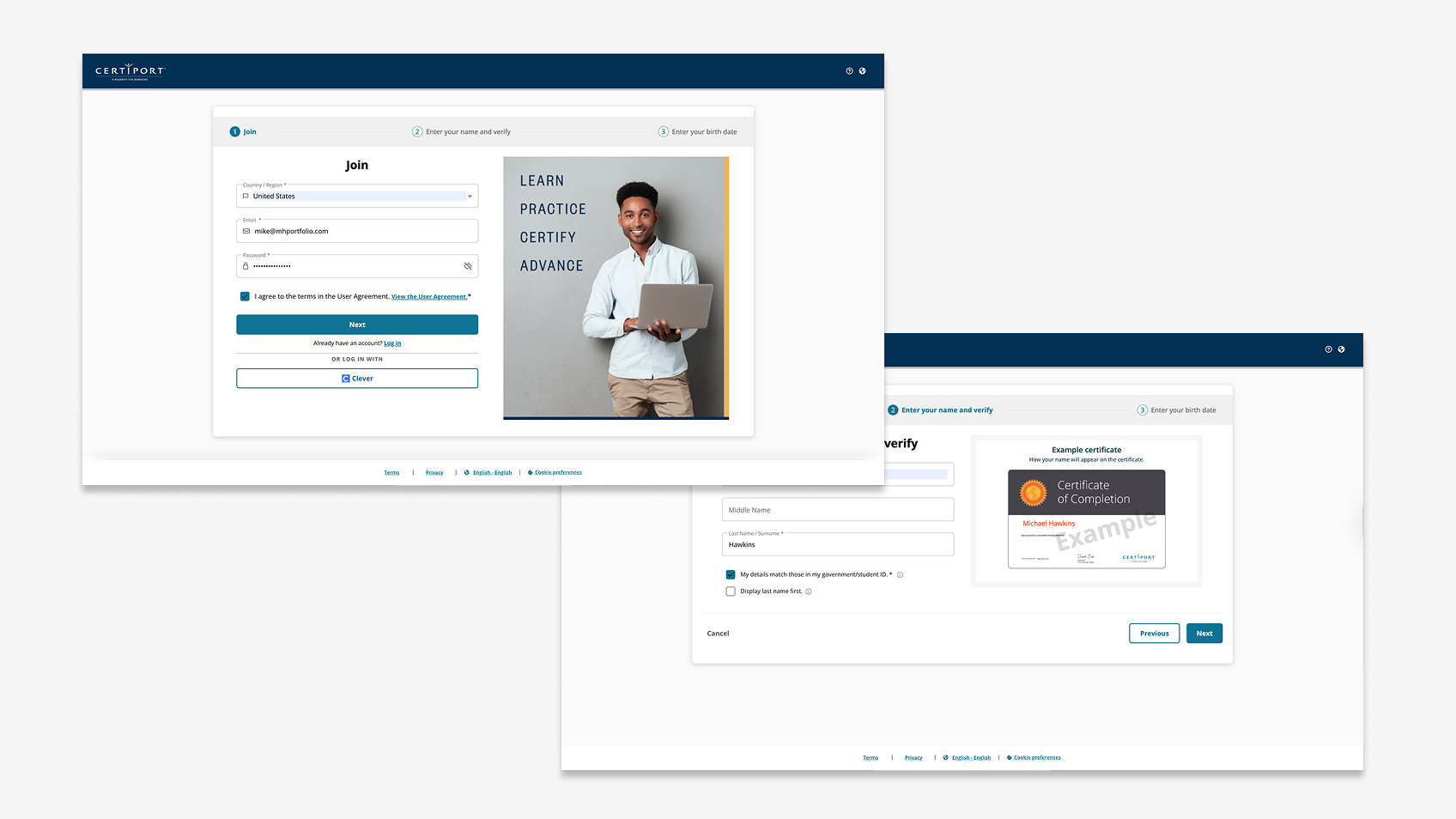 Certiport portal modernization screens.