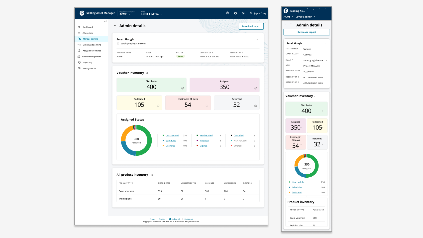Skilling Asset Manager admin details dashboard on desktop and mobile.