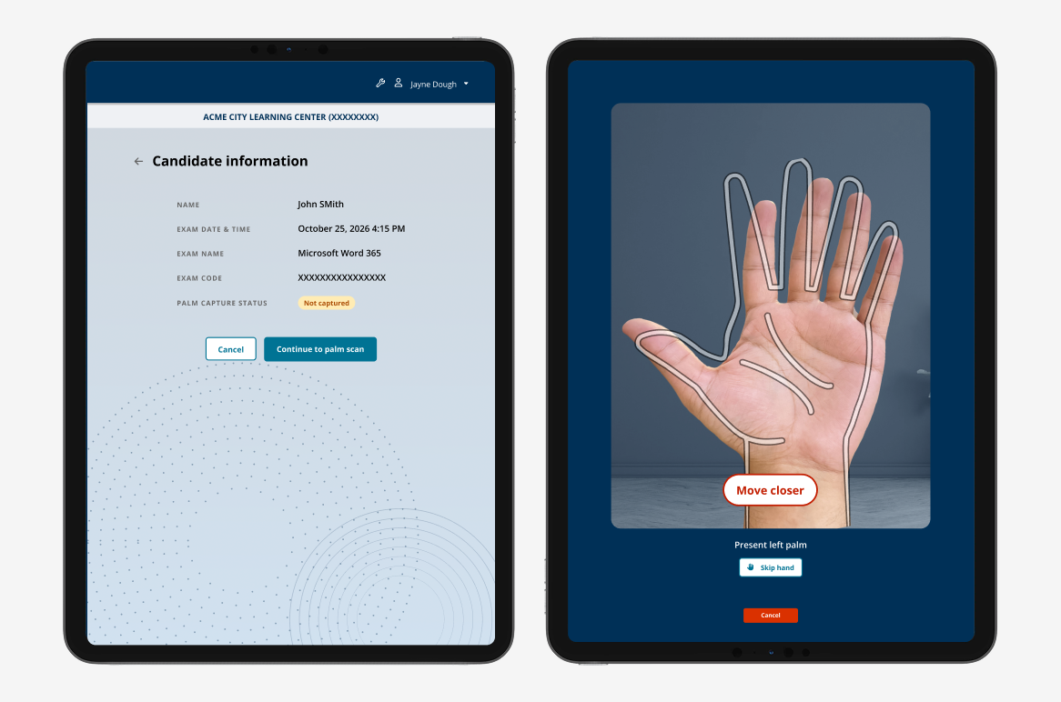 Biometric Admissions candidate information and palm capture guidance on tablets