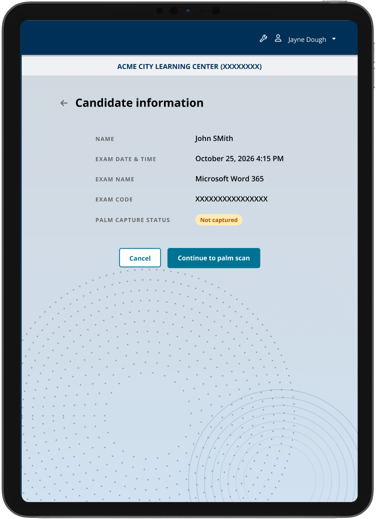 Tablet candidate information screen before palm capture