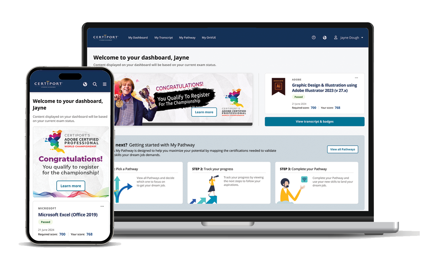 Certiport candidate dashboard with desktop and mobile certification experiences